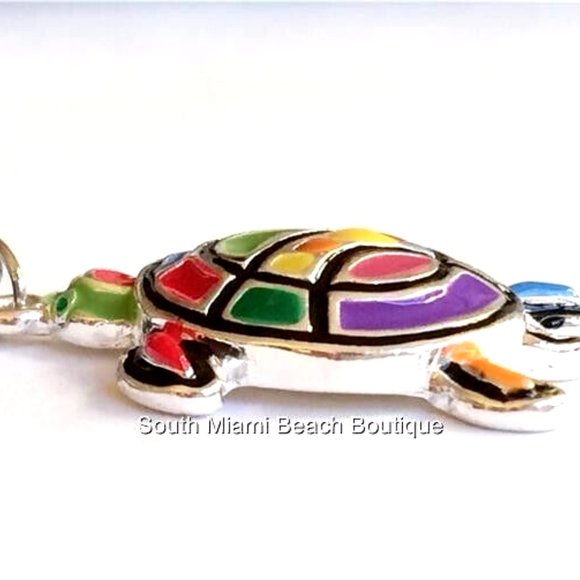 Sea Turtle Necklace Silver Plated Pop Art Multicolor Enamel Nautical Island 18" - Picture 6 of 11